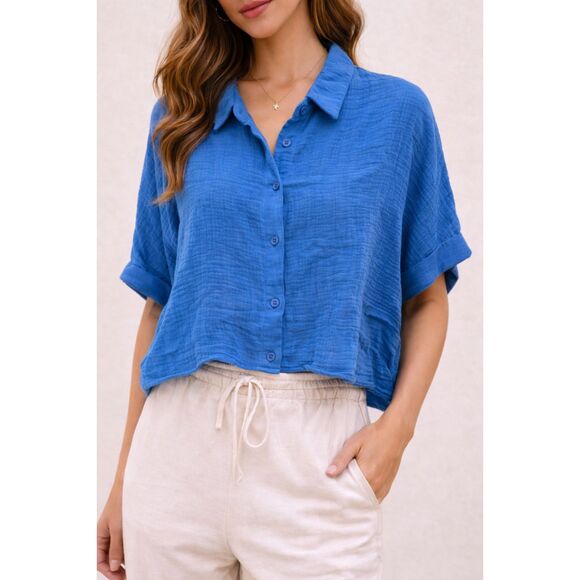 TALULAH Tops - Talulah Blue 100% Cotton Gauze Cropped Button Up Top Flowy Boxy Shirt Size L